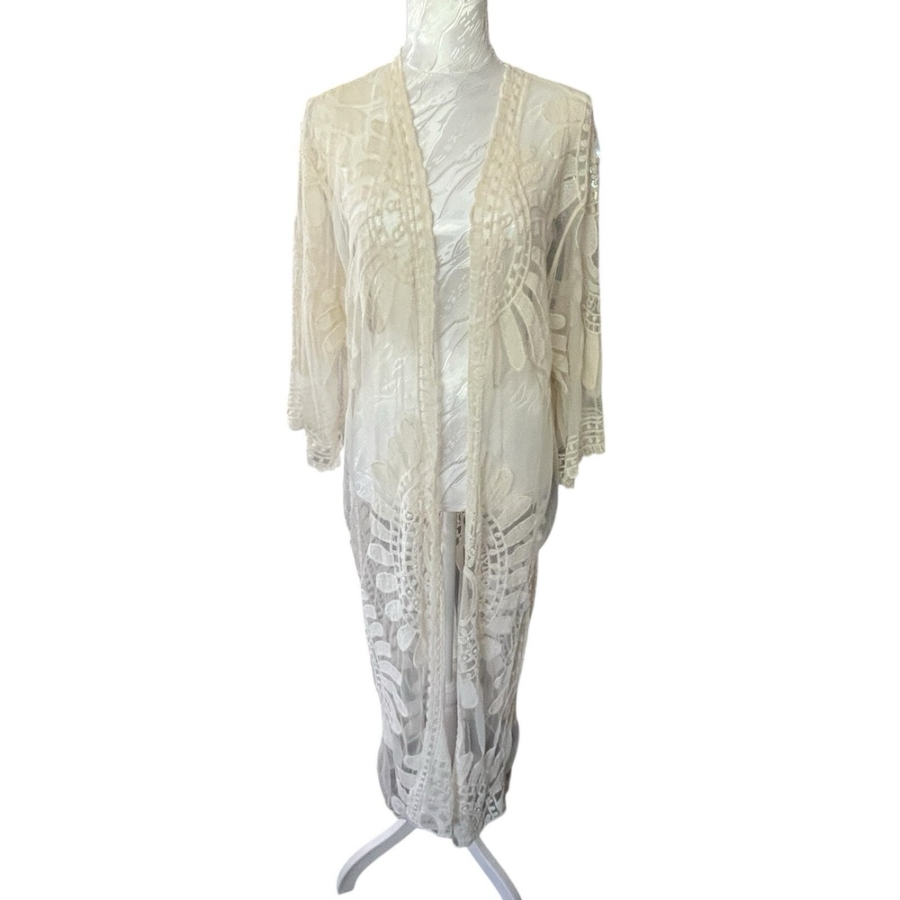 Raj Embroidered One Size Sheer Duster Open Front Mandala Pattern Lagenlook